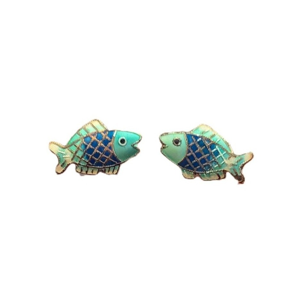 Vintage Blue Teal Cloisonne Enamel Fish Stud Earrings Gold Tone Nautical Jewelry